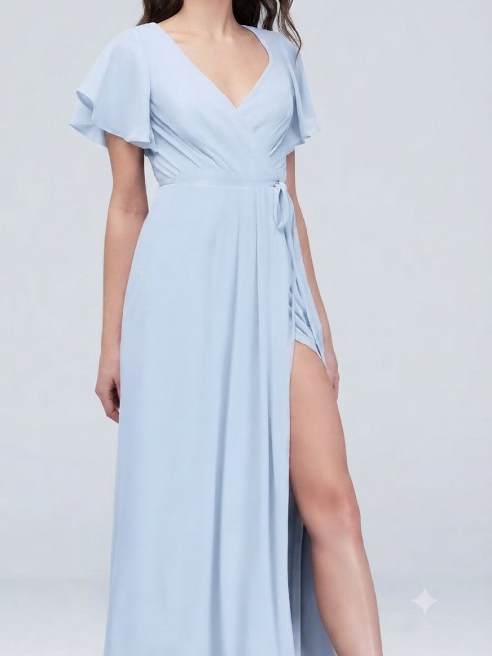 David's Bridal Blue Georgette Bridesmaid Flutter Wedding Guest Wrap Maxi Dress